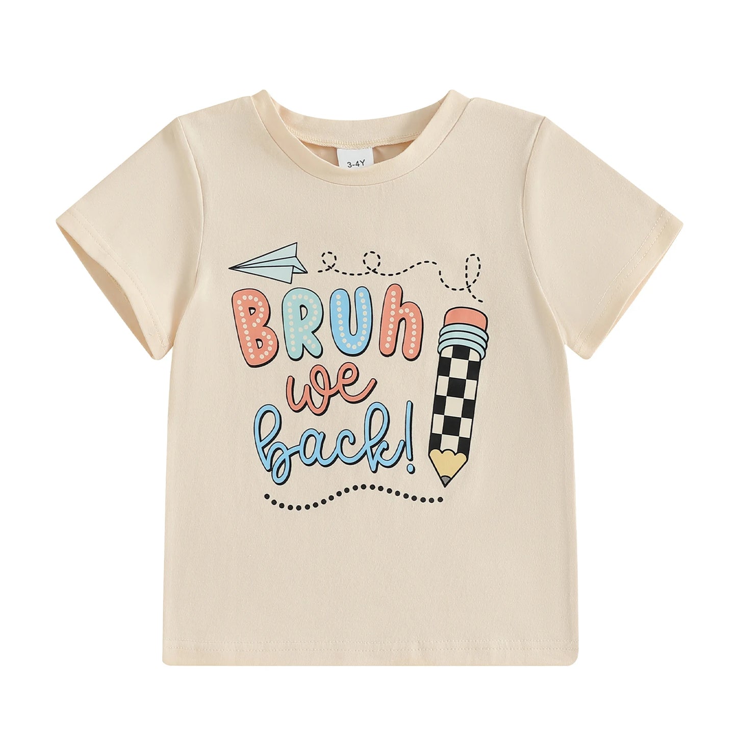 Children s Summer T-Shirt with Cute Apple and Bow Design Featuring Letter and Pen Print Short Sleeve Round Neck Graphic Tee