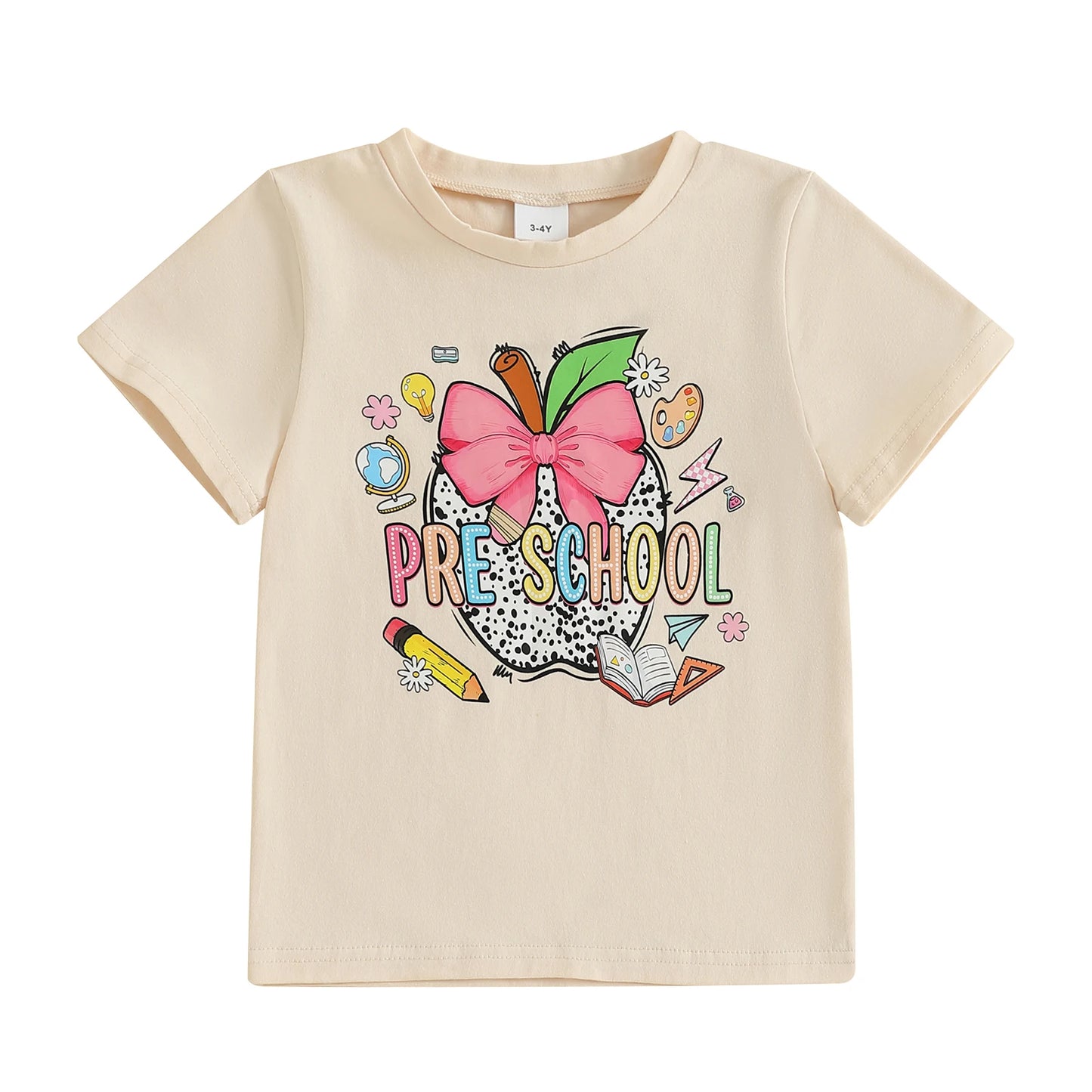 Children s Summer T-Shirt with Cute Apple and Bow Design Featuring Letter and Pen Print Short Sleeve Round Neck Graphic Tee
