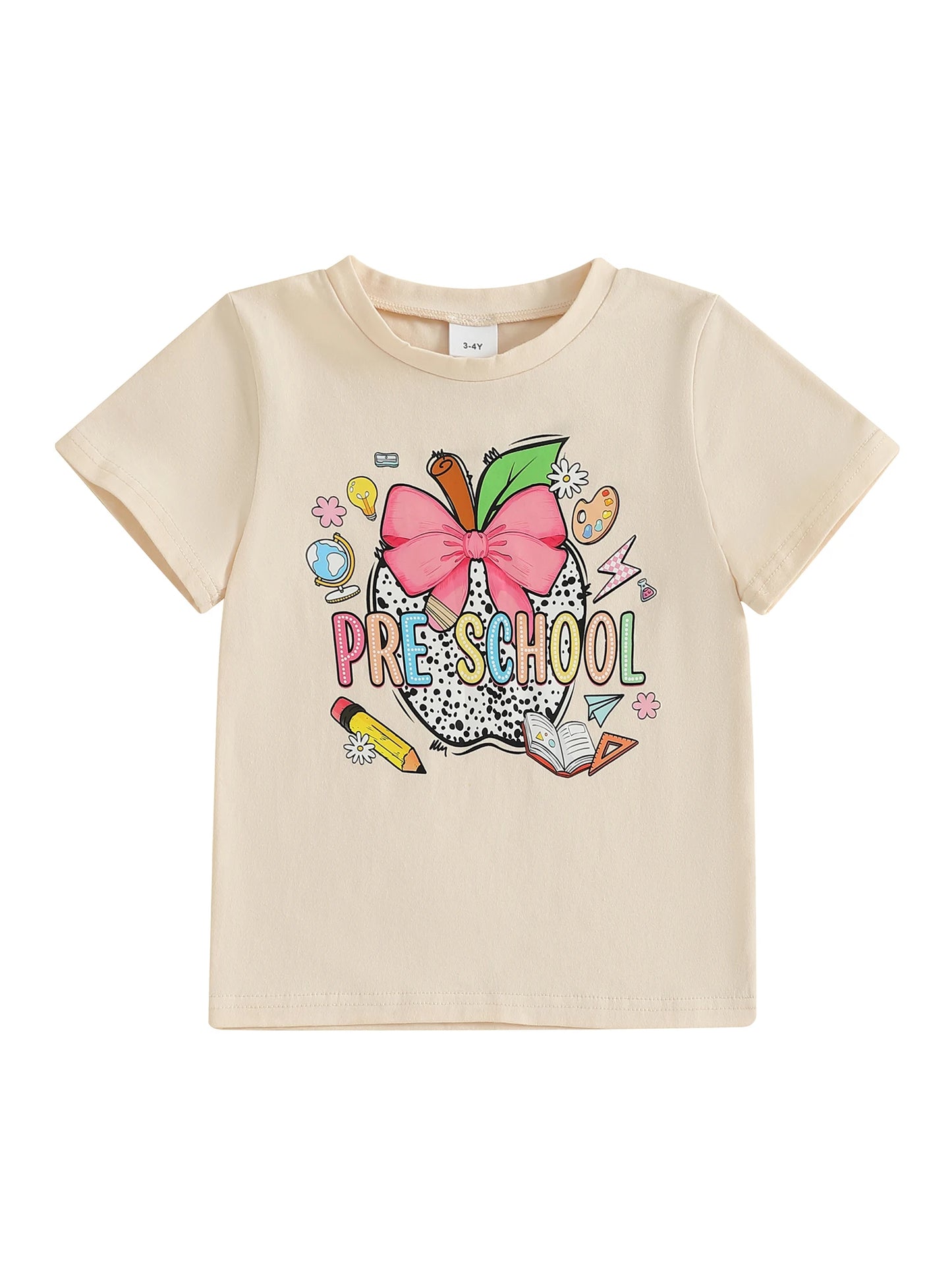 Children s Summer T-Shirt with Cute Apple and Bow Design Featuring Letter and Pen Print Short Sleeve Round Neck Graphic Tee