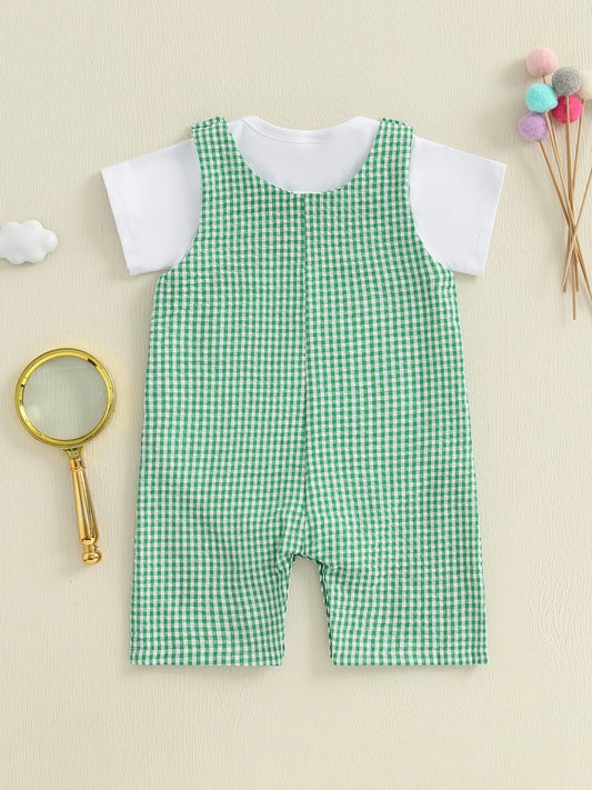 Toddler Boy Casual Outfit Short Sleeve Round Neck T-shirt Denim Overalls 2Pcs Set for Summer Beach Trip