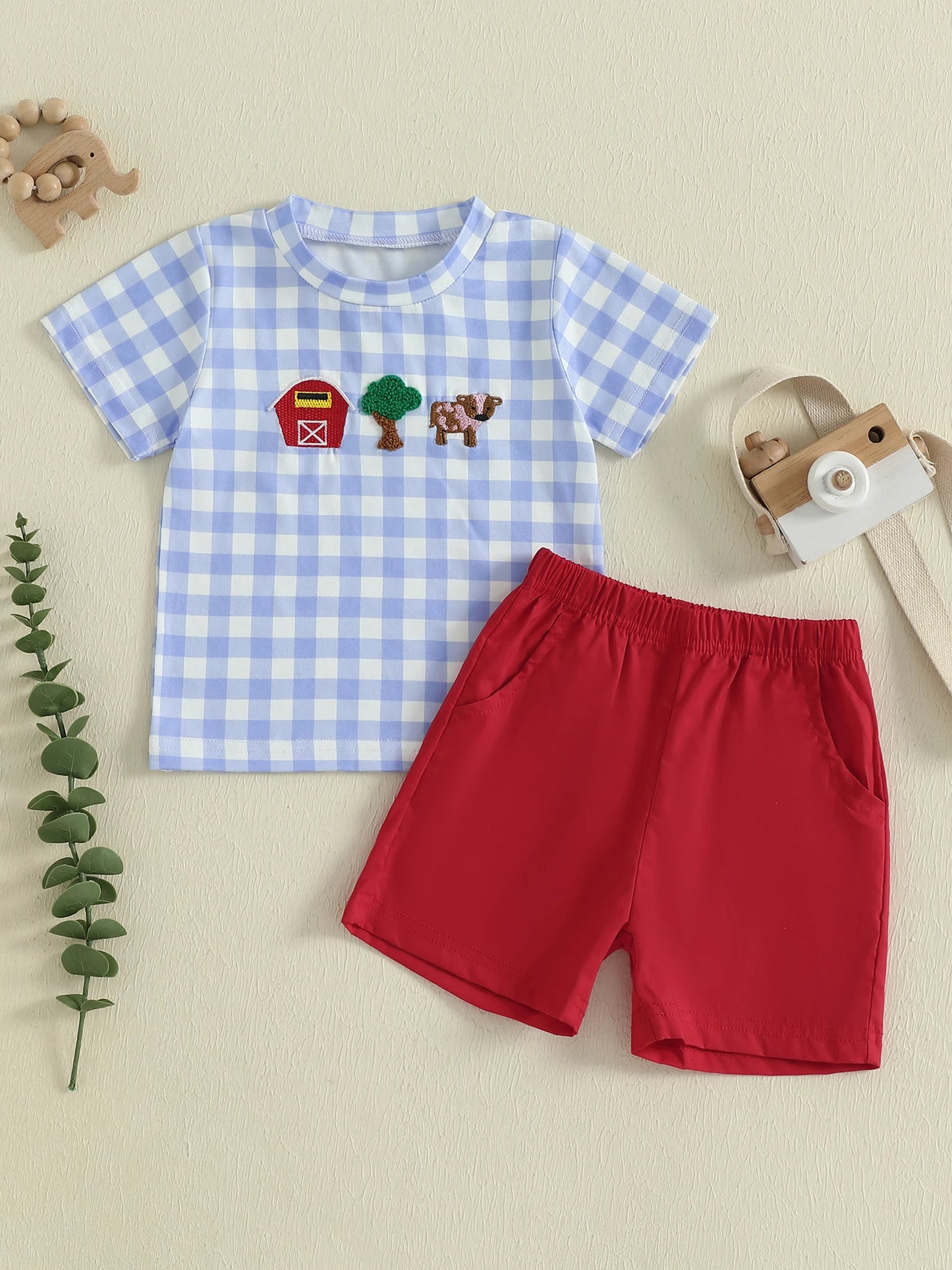 Baby Boy Farm Animal Print Short Sleeve T-shirt and Shorts Set with Elastic Waistband - Cute Toddler Outfit for Summer