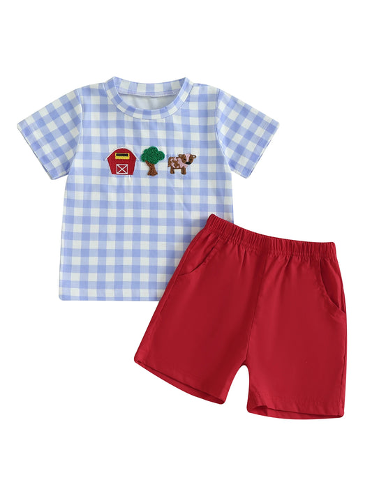 Baby Boy Farm Animal Print Short Sleeve T-shirt and Shorts Set with Elastic Waistband - Cute Toddler Outfit for Summer