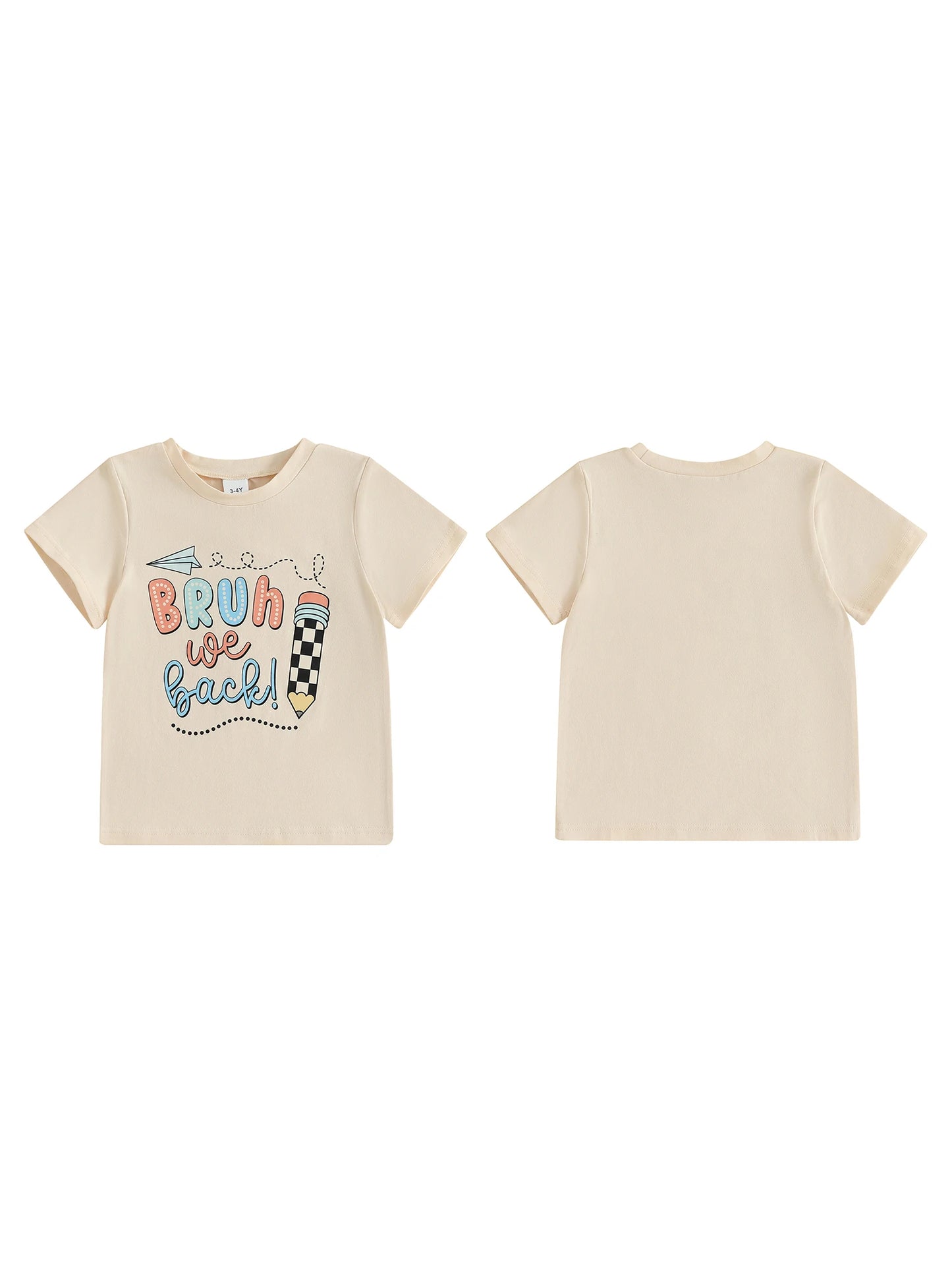 Children s Summer T-Shirt with Cute Apple and Bow Design Featuring Letter and Pen Print Short Sleeve Round Neck Graphic Tee