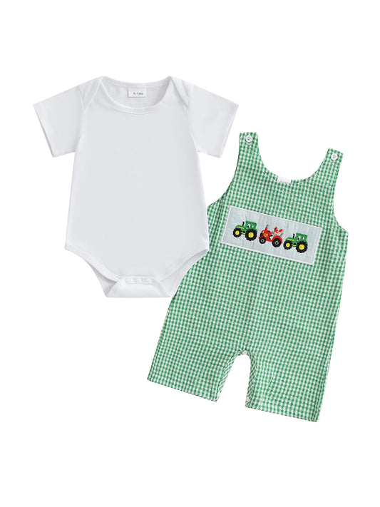 Toddler Boy Casual Outfit Short Sleeve Round Neck T-shirt Denim Overalls 2Pcs Set for Summer Beach Trip