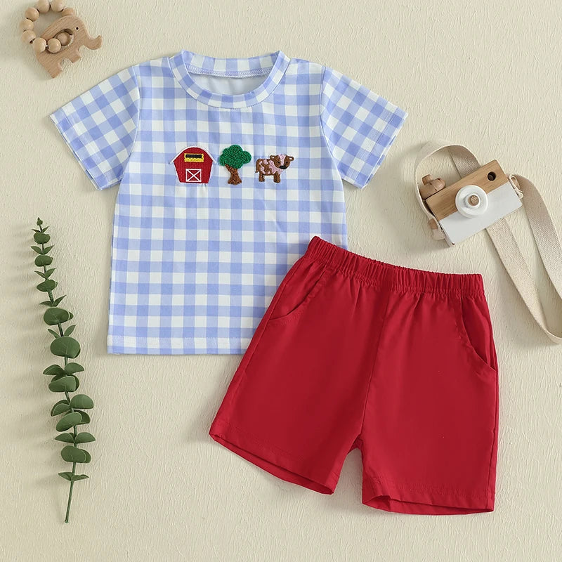 Baby Boy Farm Animal Print Short Sleeve T-shirt and Shorts Set with Elastic Waistband - Cute Toddler Outfit for Summer