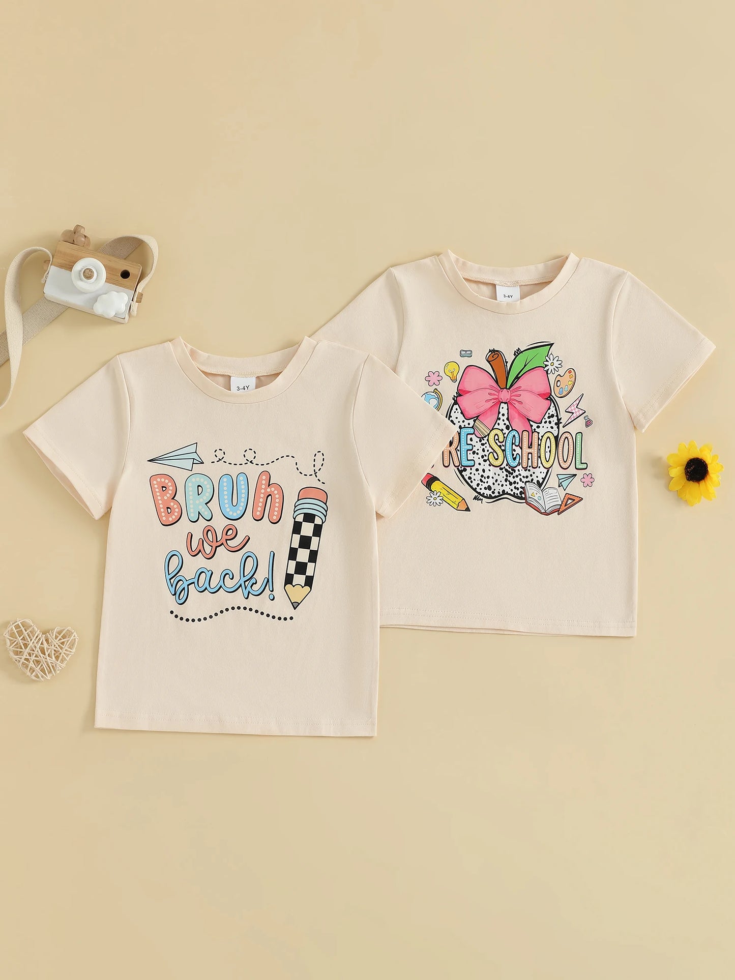 Children s Summer T-Shirt with Cute Apple and Bow Design Featuring Letter and Pen Print Short Sleeve Round Neck Graphic Tee