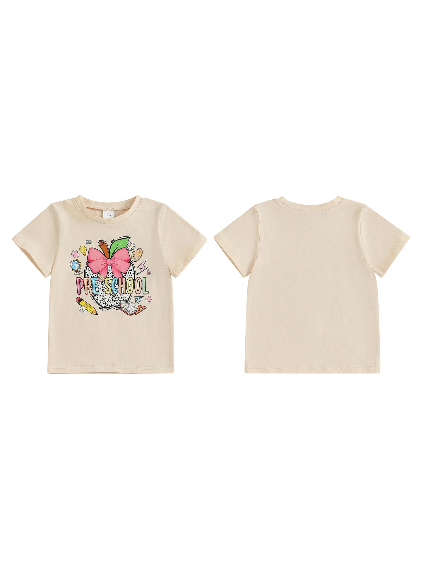 Children s Summer T-Shirt with Cute Apple and Bow Design Featuring Letter and Pen Print Short Sleeve Round Neck Graphic Tee